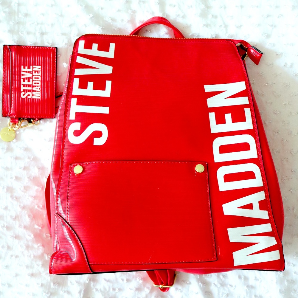Steve Madden Red Backpack, Designer Logo Backpack.